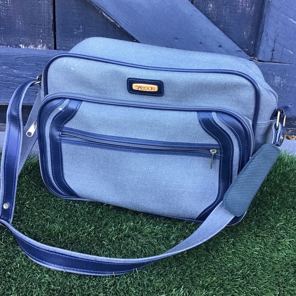 Vintage Sasson Blue Gray Luggage Bag Retro Carry on Suitcase Shoulder Bag Earthy